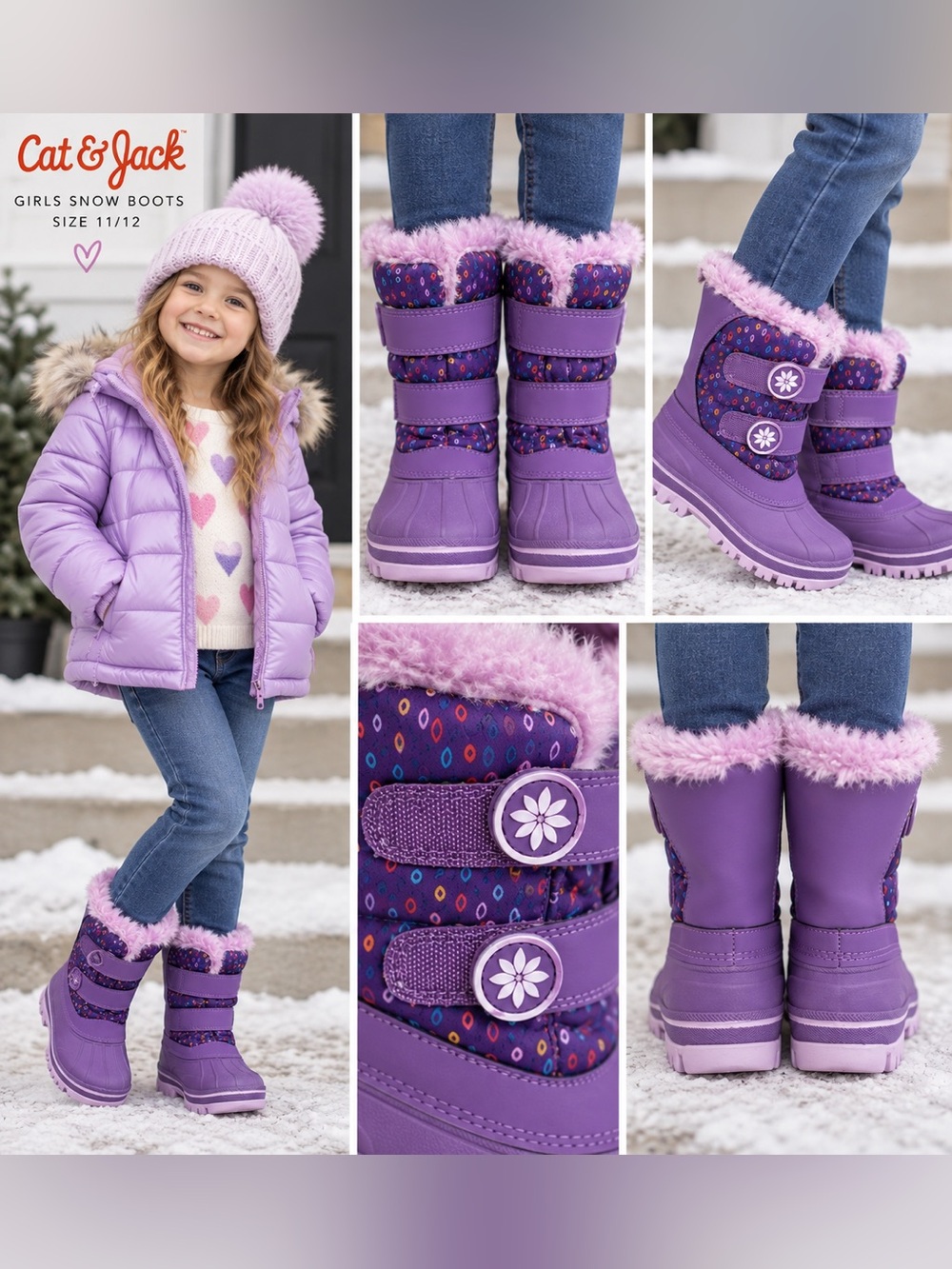 💜Cat & Jack Thermolite purple Girls winter Boots 11/12 New